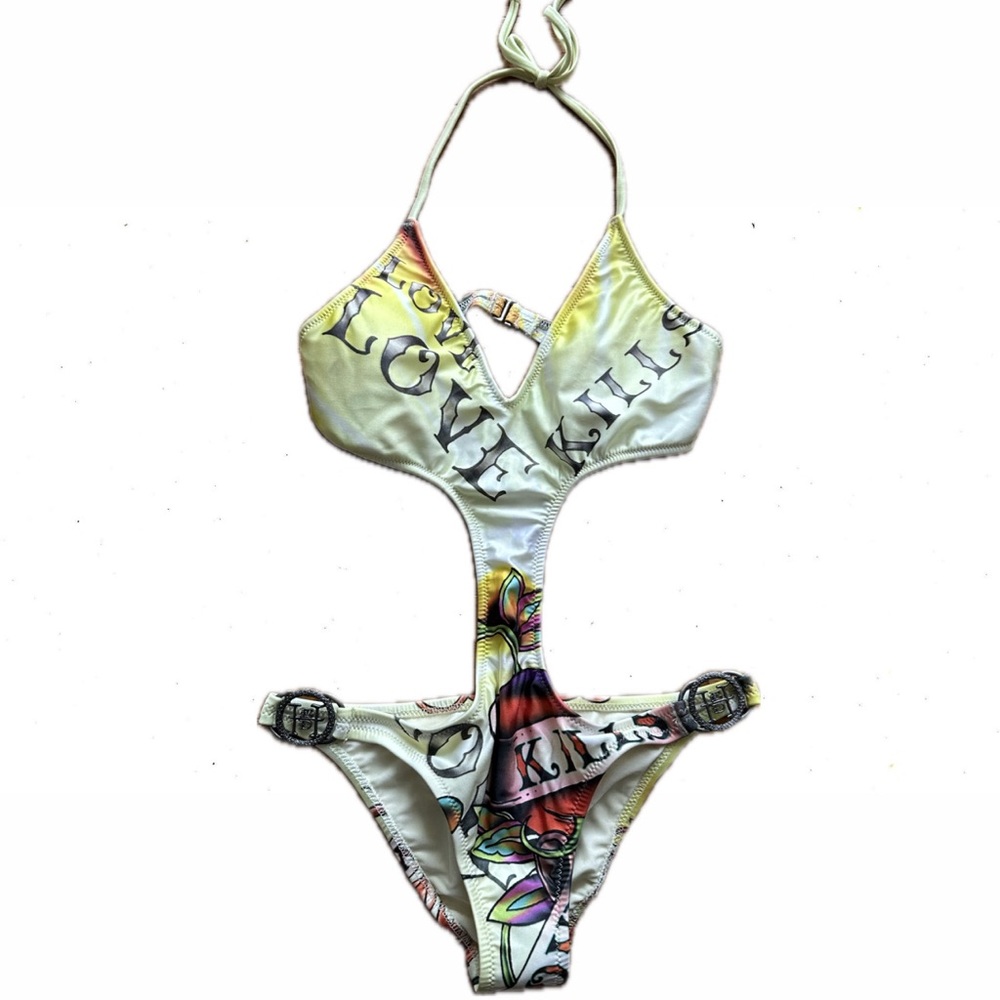 BRAND NEW VINTAGE Y2K ED HARDY “LOVE KILLS” HALTER ONE PIECE CUT OUT SWIMSUIT
